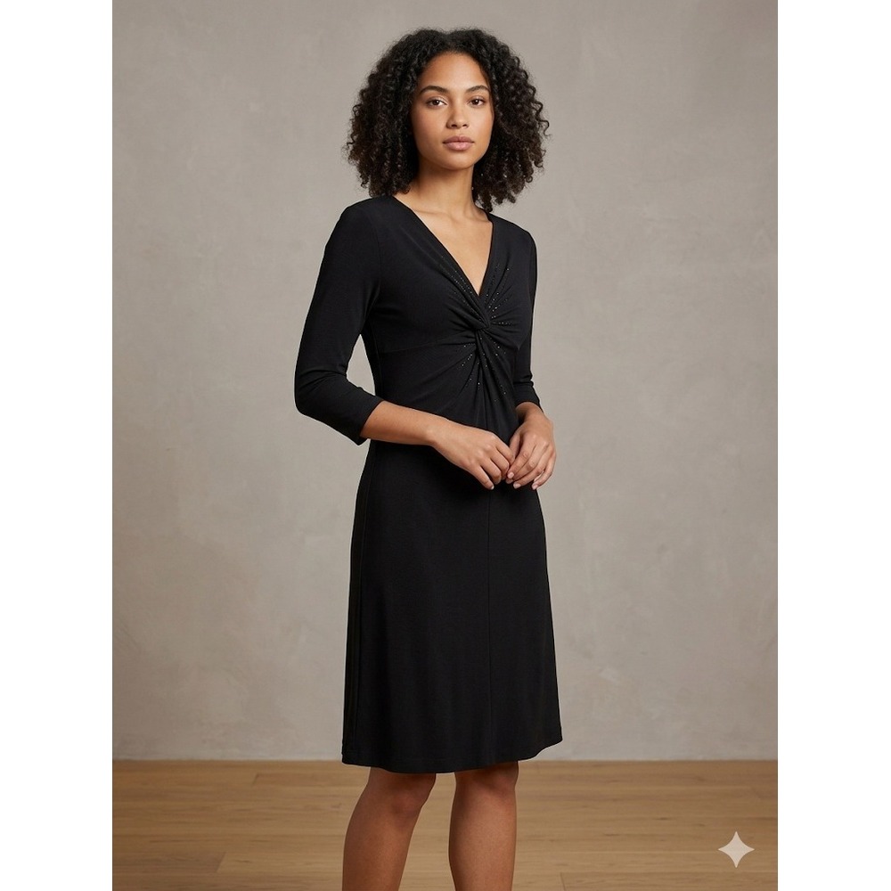 6 Womens Black 3/4 Sleeve Gathered Fit Flare V- Neck Dress Evan Picone - Picture 1 of 6